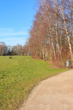Tremoniapark, Dortmund, Kuzey Ren-Vestfalya, Almanya. Şehir parkı, sonbahar mevsiminde güneşli bir günde çekildi. Yapraksız ağaç, uzak geçmişli insanlar. Tremonia Parkı.