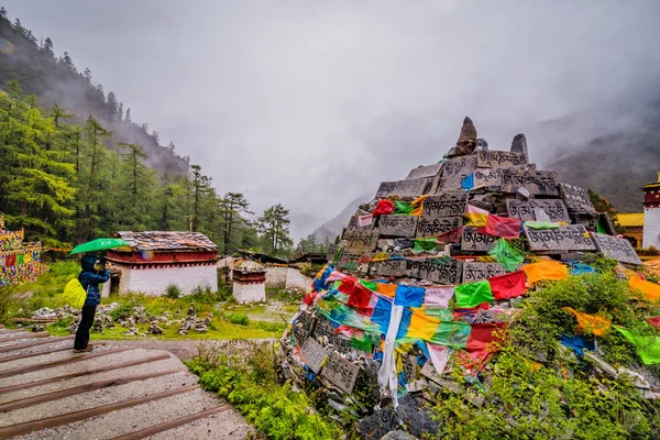 Modlitební vlaječky na hoře v Yading, Čína. — Stock fotografie