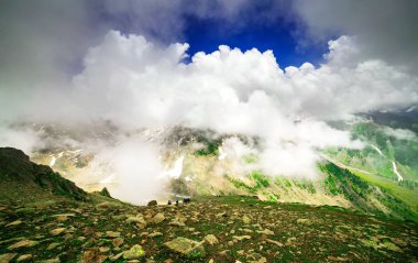 Sonamarg, Jammu ve Kashmir 'in karlı manzaralı güzel dağ manzarası, Hindistan