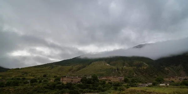 風光明媚な景観で霧に包まれている常緑針葉樹と雲の横の山の斜面 — ストック写真