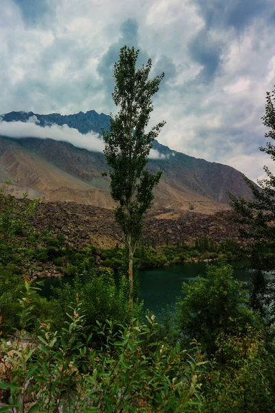 Utsikt Över Kachura Sjö Med Berg Och Lövverk Skardu Gilgit — Stockfoto