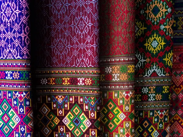 Thai Pattern Silk Fabric Handmade Woven Fabrics Thai Silk Textile — Stock Photo, Image