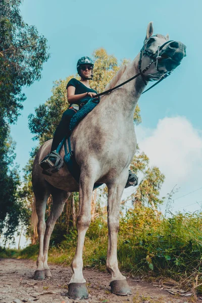 Junge lächelnde Reiterin mit Helm hält braunes Pferd am Zaumzeug — Stockfoto