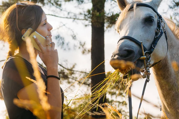 Female vet being on the phone while standing by horse in the countryside — Stock Photo, Image