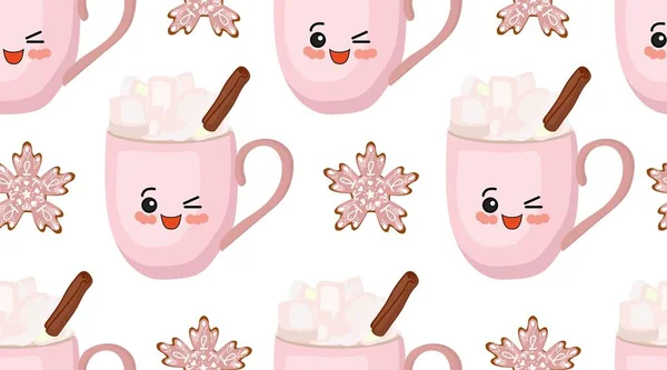 New Year seamless pattern. Winter drinks. Marshmallows, cinnamon and hot chocolate. Tender christmas. Snowflakes baking. Pink cup character.. — Stock Vector