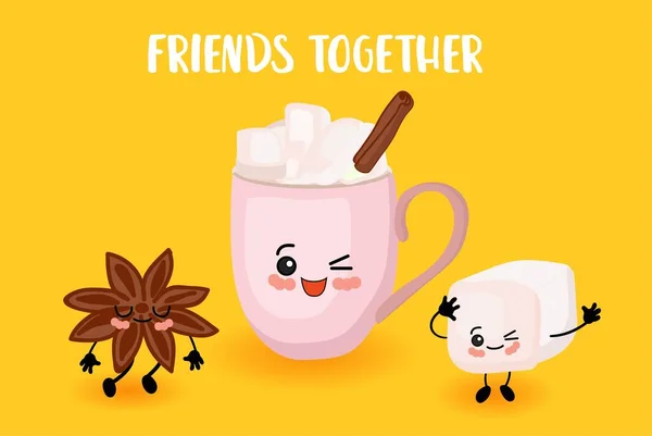 Canela, marshmallows e uma xícara rosa bonito com chocolate quente. Personagens dos desenhos animados . — Vetor de Stock