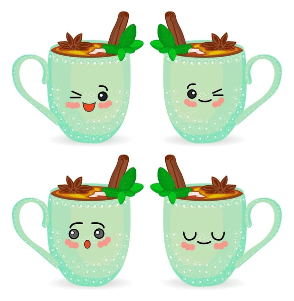 Conjunto de bonitas copas de dibujos animados kawaii. Personajes con manos y una sonrisa. Ilustración aislada sobre fondo blanco .. — Vector de stock