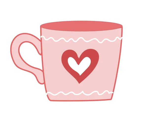 Día de San Valentín. Linda taza de dibujos animados con corazón. Color rosa — Vector de stock