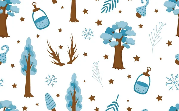 Kuzey tarzında şirin bir moda modeli. Mavi ton. Ağaç, geyik boynuzları ve beyaz arka planda yapraklar. Çocuk Tekstili.. — Stok Vektör