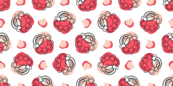 Seamless pattern with linear flowers. Petrikov painting style. Textile and wrapping paper design. Red, pink and white color.. — Stock Vector