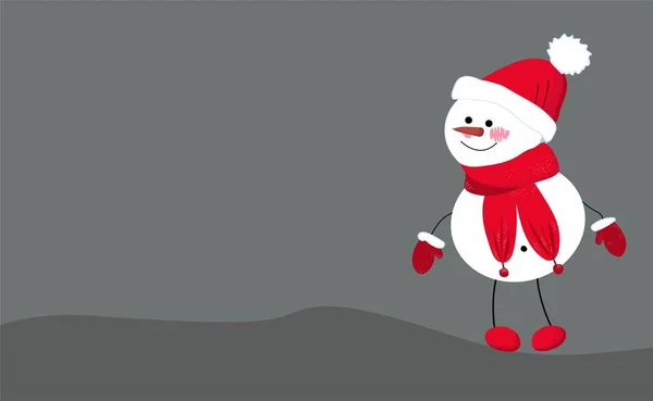 レッドスカーフとサンタキャップ付きクリスマスかわいい陽気な雪だるま。クリスマスかわいい漫画のキャラクター. — ストックベクタ