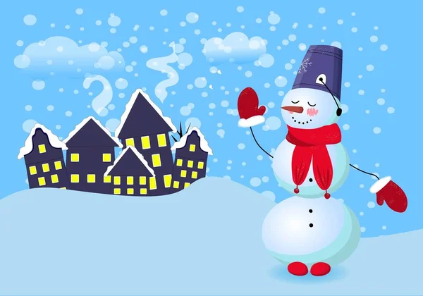 メリークリスマス赤い帽子と落下雪の漫画の雪男。ベクターイラスト.. — ストックベクタ