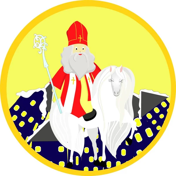 Sinterklasse auf einem weißen Pferd. Emblem oder Logo für den Tag des Hl. Nikolaus. — Stockfoto