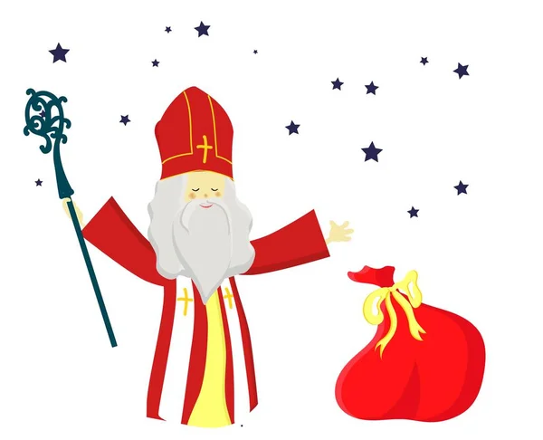 Cute greeting card with Saint Nicholas with mitre, pastoral staff and falling snow. European winter tradition. Hand-lettered text. Flat design, illustration. — Stock Photo, Image