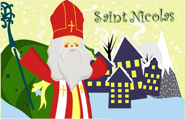 Kartu ucapan manis dengan Saint Nicholas dengan mitre, staf pastoral dan salju turun. Tradisi musim dingin Eropa. Teks tulisan tangan. Rancangan datar, ilustrasi . — Stok Foto