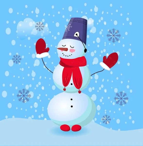 頭にバケツを乗せた雪だるま。雪で作られたかわいい冬のキャラクター。青の背景ベクトルイラストクリスマスと新年.. — ストックベクタ