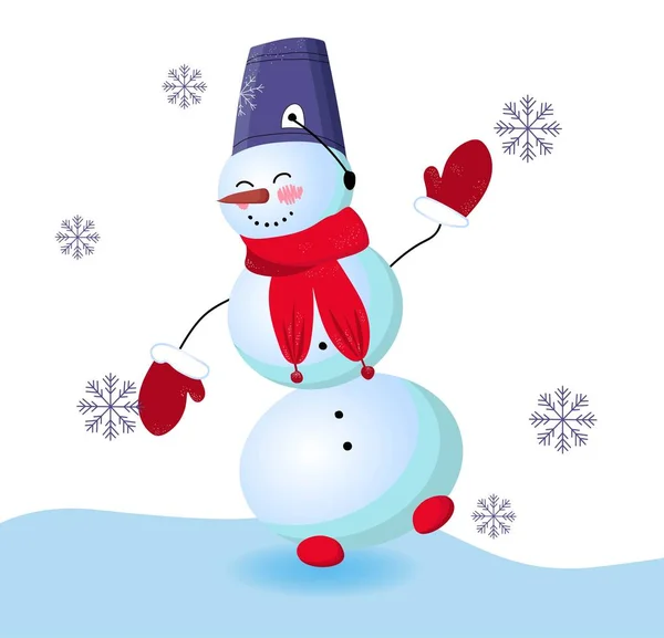 Cute snowman on a white background. Vector illustration. Winter character. Snow woman. Nose carrot.. — ストックベクタ