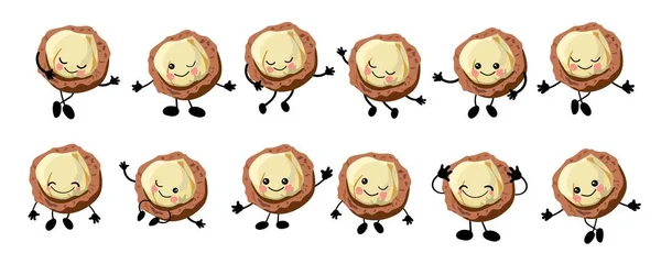 Nuez de macadamia. un gran conjunto de personajes de Cute Nuts con manos y ojos. Dibujos animados de frutas o verduras. Comida vegana útil. Aislado sobre fondo blanco . — Vector de stock