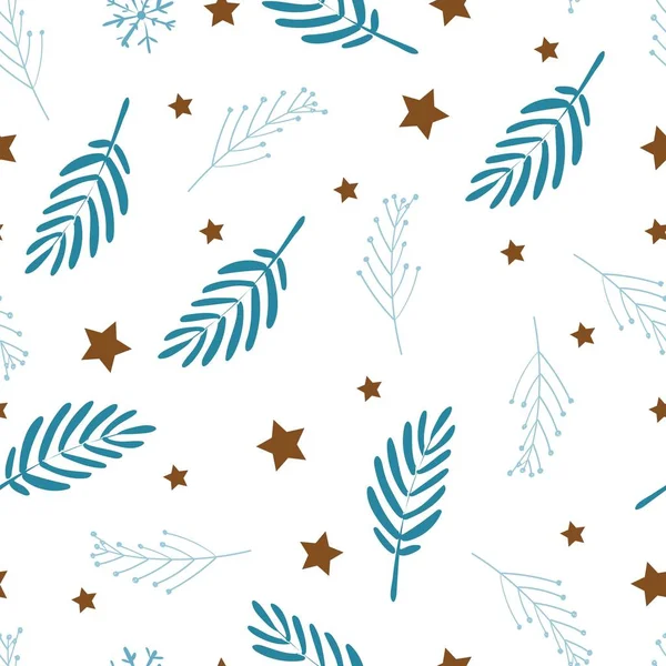 Zarte nahtlose Muster auf weißem Hintergrund. Babybettwäsche oder Vorhänge. blaue Blätter und Sterne. Skandinavischer Stil. — Stockvektor