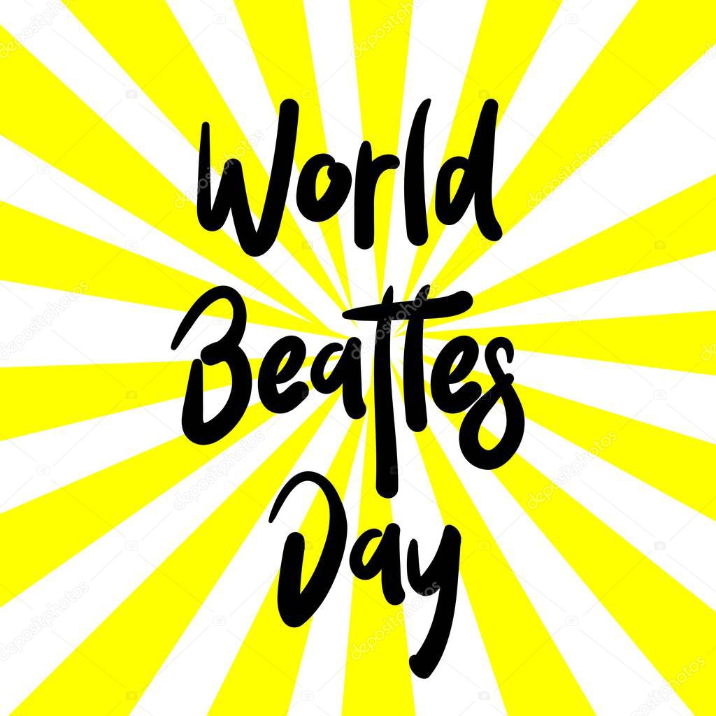 The Beatles' Birthday Party, John Lennon, Paul McCartney, George Garrison, Stuart Sutcliff, Pet Best, Poster for the Beatles Day. Guitar. Rock music.
