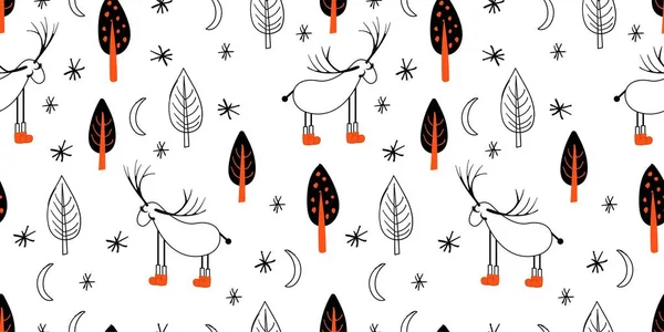 Seamless light pattern with deers and trees. Scandinavian style drawing. Linear art. Black-white illustration. Hello winter.. — стоковий вектор