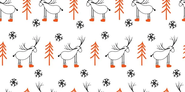 Naadloos lichtpatroon met herten en bomen. Scandinavische stijl tekening. Lineaire kunst. Zwart-wit illustratie. Hallo winter.. — Stockvector