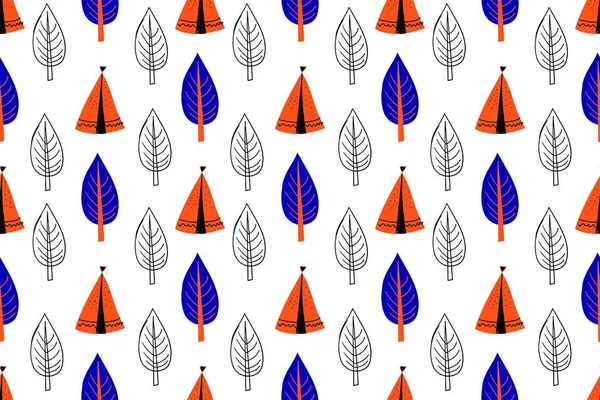Seamless pattern in scandinavian style for children .. Cute cartoon trees on a white background.. — 스톡 벡터