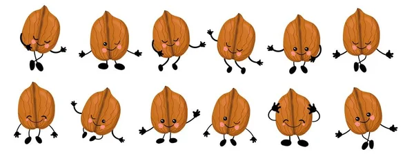 Orzech. duży zestaw znaków Cute Nuts z rąk i oczu. Kreskówkowe owoce lub warzywa. Przydatne wegańskie jedzenie. Izolacja na białym tle.. — Zdjęcie stockowe