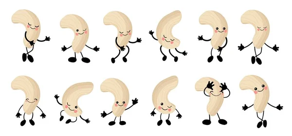 Anacardo. un gran conjunto de personajes de Cute Nuts con manos y ojos. Dibujos animados de frutas o verduras. Comida vegana útil. Aislado sobre fondo blanco .. —  Fotos de Stock