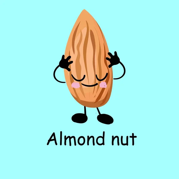 Almonds. Cute nut character with hands and eyes. Cartoon fruit or vegetable. Useful vegan food. — Stock Photo, Image