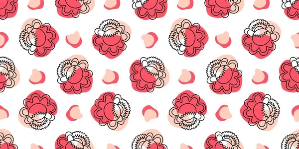 Seamless pattern with linear flowers. Petrikov painting style. Textile and wrapping paper design. Red, pink and white color..