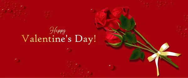 Red rose on the card. Horizontal banner for Valentine's Day. Promo flyer. Place for text. The 14th of February. Vector illustration. Realistic rose. Bud. Colors for a bouquet. Design Element.. — 스톡 벡터