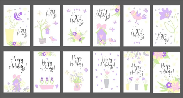 Set of bright cards. Happy Holidays. Children's style. Simple illustrations. Cute kawaii characters. Spring flowers and banners. Collection of birds, birdhouses, flowers. Garden Supplies.. — Stock Vector