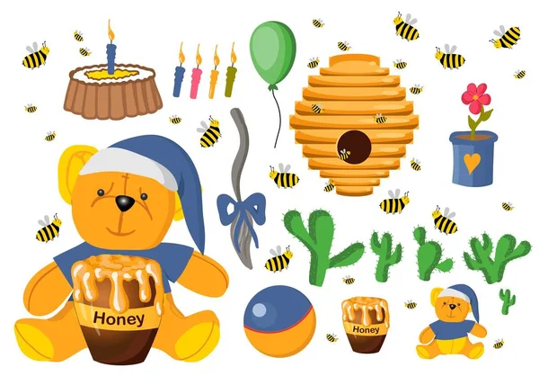 Çıkartma Winnie the Pooh 'yu ayarladı. Beyaz arka planda izole edilmiş oyuncaklar. Peluş cadı. Saksıda çiçek. Bebek kartları için elementler. Masal kahramanları. Kitap karakterleri..
