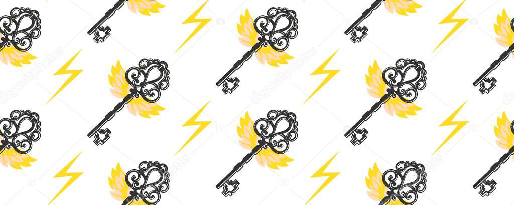 Seamless vector pattern. Vintage key with wings. Magic items. Magic and witchcraft..