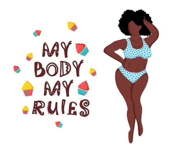 Mon corps mes règles Bikini afro-américain. Corps positif. maillots de bain. Surpoids, les personnes grasses, l'obésité. Sports et fitness. Gâteaux .. — Image vectorielle