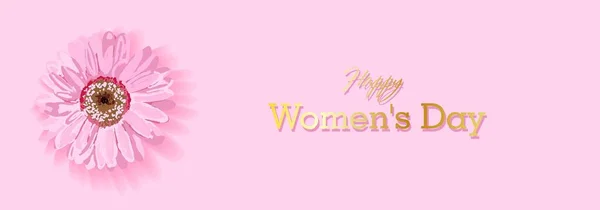 Γυναικείο σχέδιο ημέρας κειμένου με λουλούδια και ροζ φόντο. Εικονογράφηση διανύσματος. Γυναικείο σχέδιο χαιρετισμού. Πρότυπο για αφίσα, κάρτα, πανό. 8 Μαρτίου.. — Διανυσματικό Αρχείο