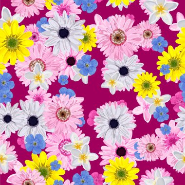 SEAMLESS VECTOR FLOWER PATTERN. Realistic flowers. Spring bright colors..