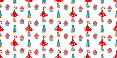 seamless childish pattern. Amanita mushrooms. Cupcakes and cakes. Alice in Wonderland..