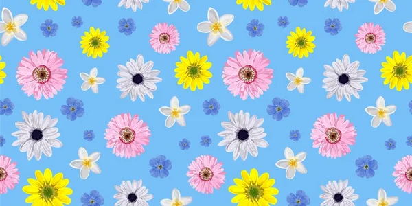 Nahtlose Vektorblumenmuster. Realistische Blumen. Frühling leuchtende Farben. perfektes Textil- und Packpapier-Design. Gerbera, Anemone, Leinen.. — Stockvektor