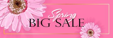 Pembe arka planda gerçekçi çiçekli bahar afişi. Vektör çizimi. Pankart promosyonlar, dergiler, reklamlar ve web siteleri için ideal...