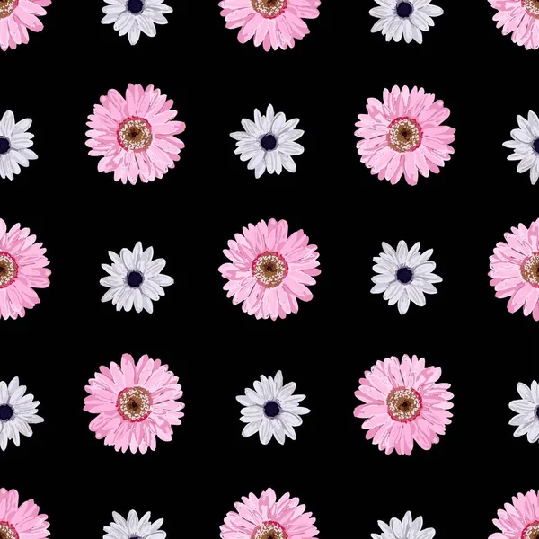 Einfaches Vektor nahtloses Muster mit Blumen. rosa Blüten auf schwarzem Hintergrund. Design für Textilien, Stoffe und Packpapier.. — Stockvektor