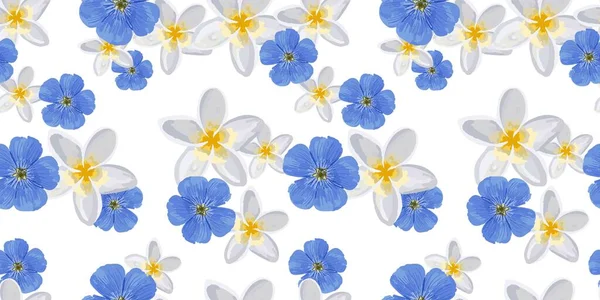 Patrón de flores de primavera. Flores frescas. Hermoso patrón sin costuras. Pétalos azules y blancos. Diseño perfecto para tela y textil .. — Vector de stock
