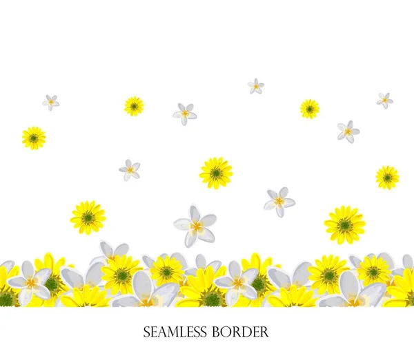 Nahtloser floraler Rand mit bunten Wildblumen. horizontale Vektorzeichnung auf weißem Hintergrund. Illustration von Hand.. — Stockvektor