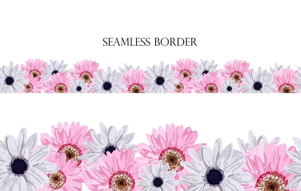 Bordure florale sans couture avec de jolies fleurs roses. Dessin à la main sur fond blanc. Élément design pour cartes, invitations, mariages, salutations. Gerbera, Lily .. — Image vectorielle