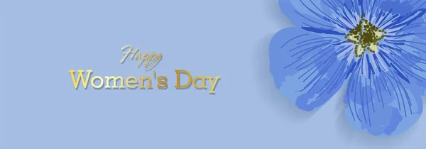 Banner de fiesta horizontal para el Día de la Mujer. Día Internacional de la Mujer. Volante azul elegante. Tarjeta de felicitación. Flores de campo púrpura .. — Archivo Imágenes Vectoriales