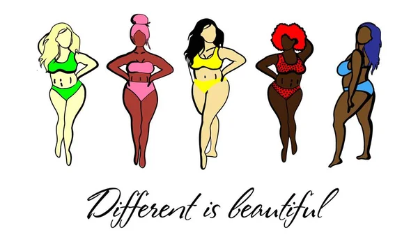 Különböző bőrszínű nők. Afroamer Ikan, európai, ázsiai, skandináv. Testpozitív koncepció. Minden test gyönyörű. Motivációs felirat. Nők fürdőruhában elszigetelt fehér backgroun — Stock Vector
