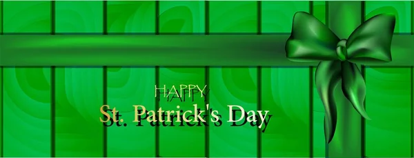 Horizontale spandoek voor St. Patrick 's Day. Groene houten achtergrond, lint met strik en felicitatietekst. Plaats voor inscriptie. Realistische vector illustratie.. — Stockvector
