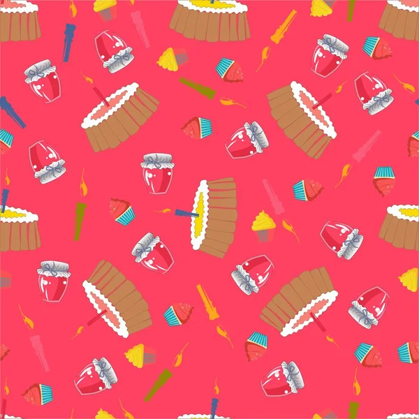 Pastalı, mumlu, kekli, pastalı, kusursuz doğum günü şablonu. Kumaş ve tekstil için mükemmel tasarım, duvar kağıtları ve duvar kağıtları için. Vektör deseni.. — Stok Vektör
