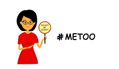 Poster şablonu olan bir kadın. Cinsel şiddet ve taciz kavramı. Metoo işareti taşıyan bir kadın. Beyaz arka planda izole edilmiş bir resim. Moda biçim illüstrasyonu..